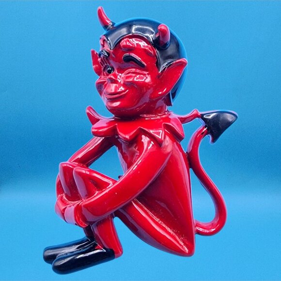 Vintage Red & Black Winking Devil Enamel Brooch MCM 50s Rare Red Black Version - Picture 3 of 10